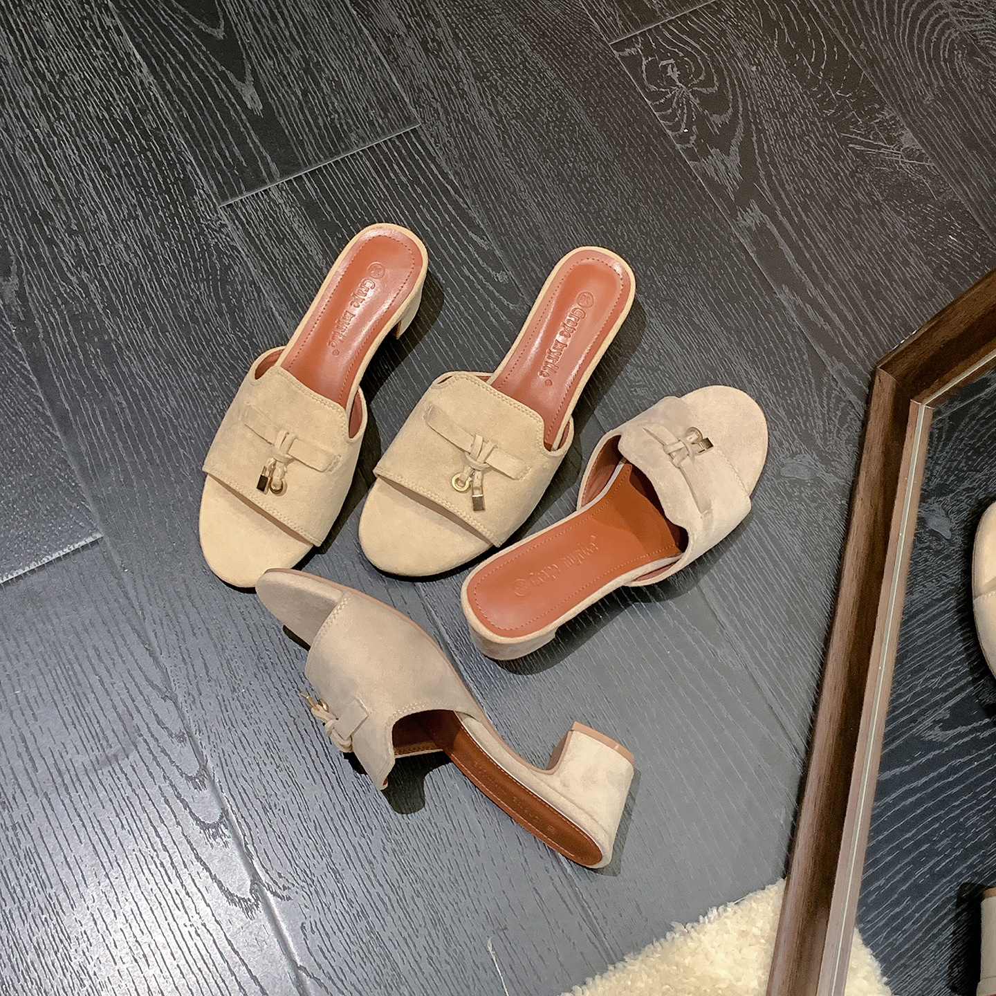 2026 New Khaki & Beige Gray Fringe Buckle Strap Chunky Heel Slide Sandals 6.5cm