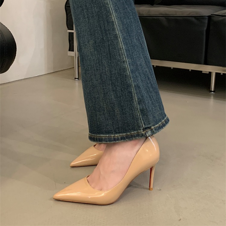 2026 New Spring Summer Side Open Single Shoes for Women Sexy Nude Red Sole Pointed Toe Shallow Mouth High Heels