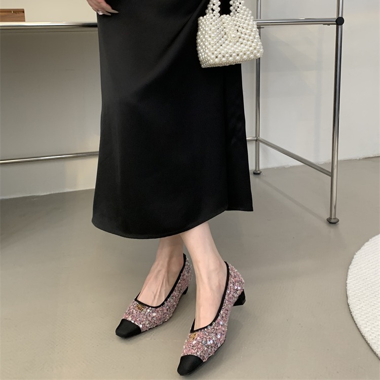 Fortune One Foot Little Fragrance Style Square Toe Metal Buckle Flat Shoes 2025 Spring Summer New Shallow Mouth Metal Buckle Mid Heel Women’s Shoes