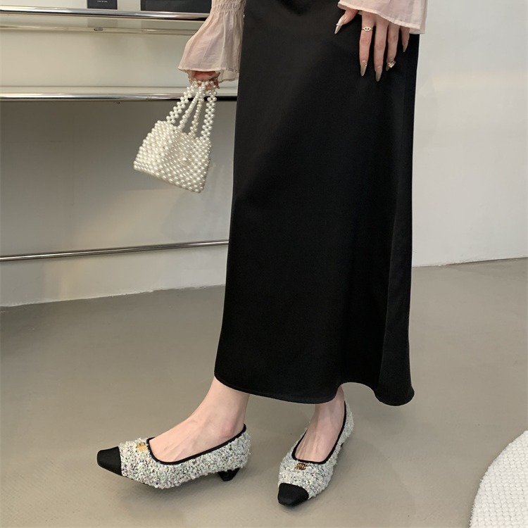 Fortune One Foot Little Fragrance Style Square Toe Metal Buckle Flat Shoes 2025 Spring Summer New Shallow Mouth Metal Buckle Mid Heel Women's Shoes - Image 3