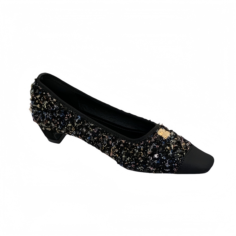 Fortune One Foot Little Fragrance Style Square Toe Metal Buckle Flat Shoes 2025 Spring Summer New Shallow Mouth Metal Buckle Mid Heel Women's Shoes - Image 5