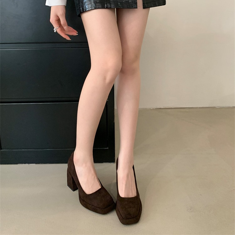 Fortune One Foot Suede Chunky Heel Women’s Shoes 2026 New French Square Toe Shallow Mouth Heightening Professional Commuter Slip-On