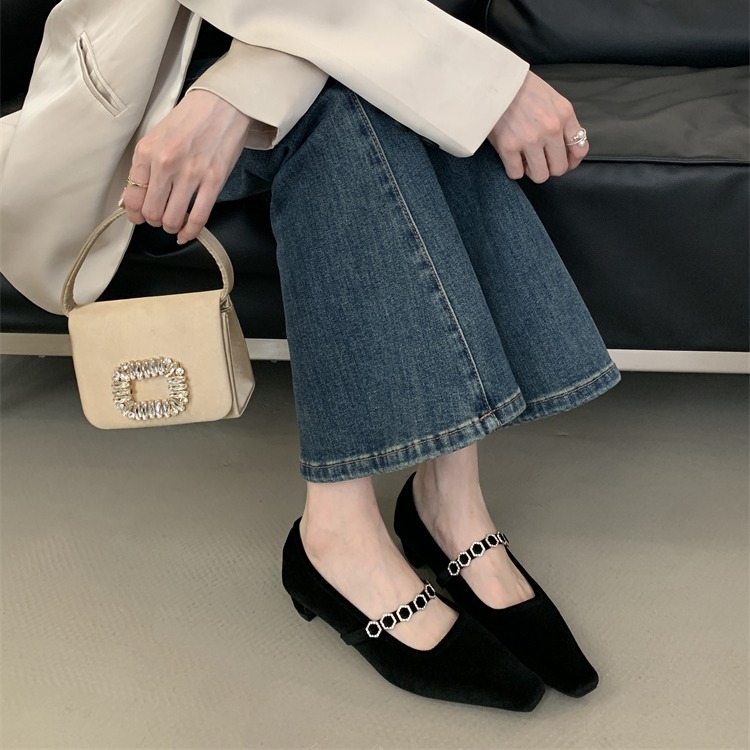 Fortune One Pointed Toe Chunky Heel Women's Shoes 2025 Spring Summer New Fairy Style Low Heel One-Strap Flats - Image 2