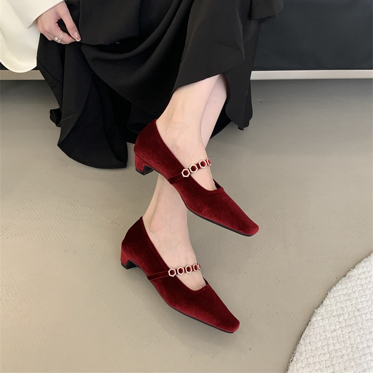 Fortune One Pointed Toe Chunky Heel Women's Shoes 2025 Spring Summer New Fairy Style Low Heel One-Strap Flats - Image 3