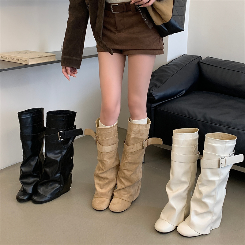 Wealthy Foot Belt Buckle Tube Boots 2026 Autumn Winter Fashion Chunky Heel High Tube Boots Pleated Stacked Wide Tube Long Boots