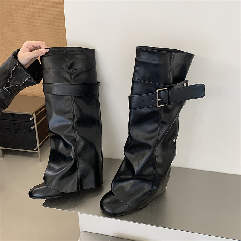 Wealthy Foot Belt Buckle Tube Boots 2026 Autumn Winter Fashion Chunky Heel High Tube Boots Pleated Stacked Wide Tube Long Boots - Image 5