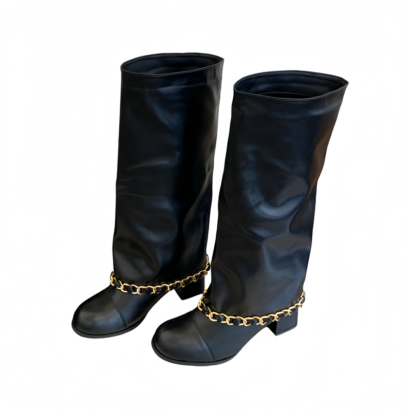 Women's Round Toe Chunky Heel High Boots with Metal Chain - Fashion Fall Winter 2026 - Image 5