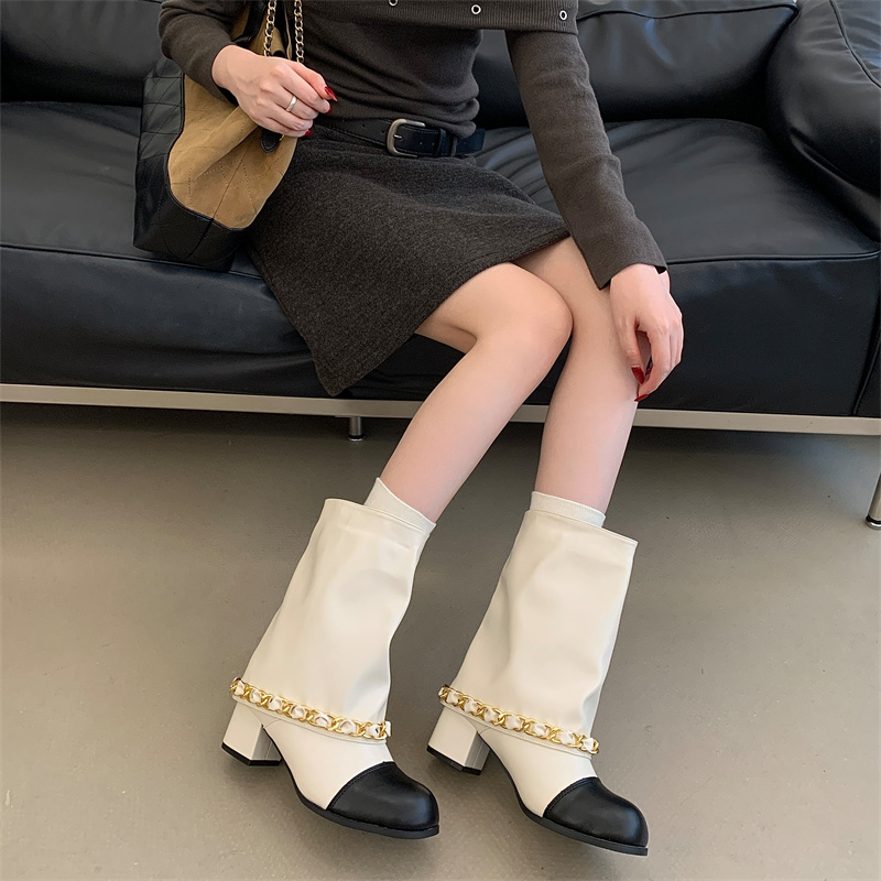 Women’s Round Toe Chunky Heel Wide Calf Boots 2026 Autumn New French Style Chain Decor Fashion Tube Boots