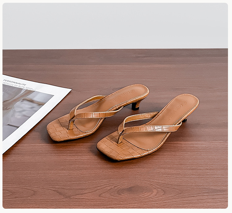 Women's Sheepskin Toe Post Sandals High Heel Thin Heel Retro Square Toe Summer Slippers - Image 2