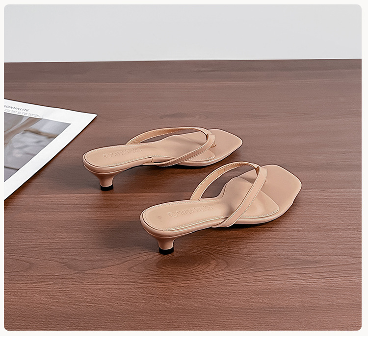 Women's Sheepskin Toe Post Sandals High Heel Thin Heel Retro Square Toe Summer Slippers - Image 3