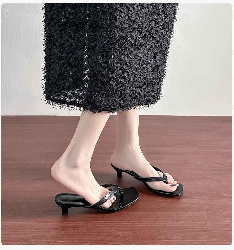 Women's Sheepskin Toe Post Sandals High Heel Thin Heel Retro Square Toe Summer Slippers - Image 4