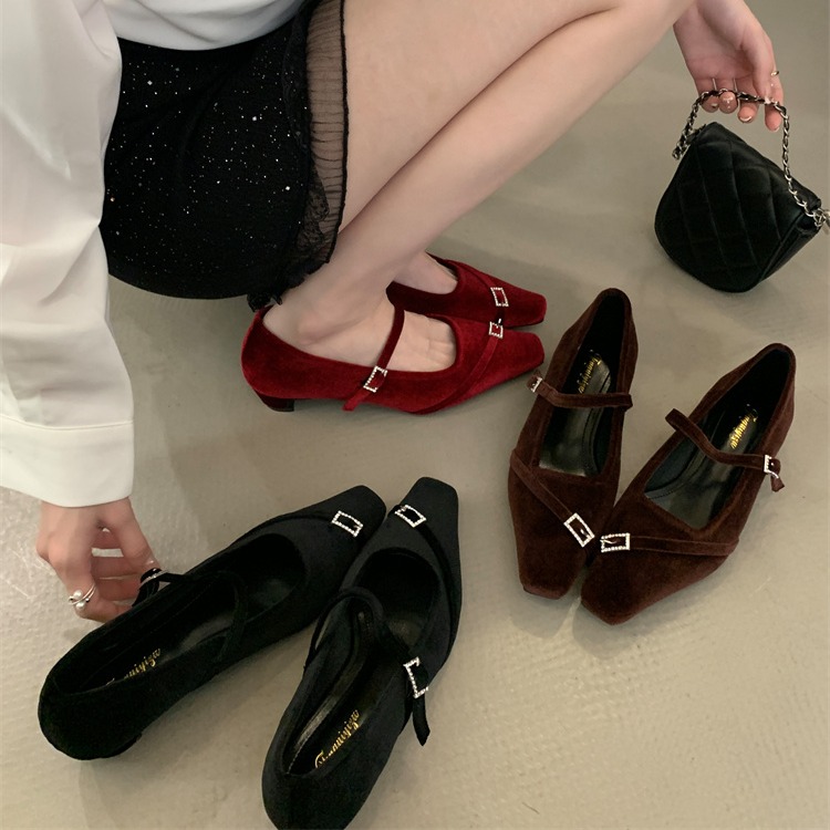 Women's Square Toe Chunky Heel Mary Jane Shoes Velvet Slip-On Low Heel Casual Shoes