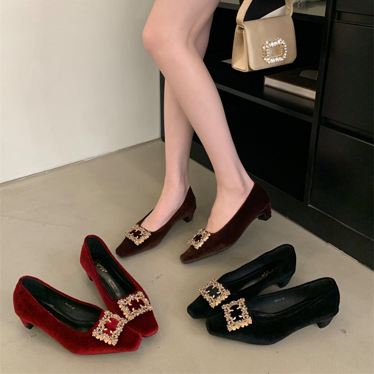 Women's Square Toe Chunky Heel Shoes - Shallow Mouth High Heel Suede Rhinestone Buckle Work Commuter Shoes