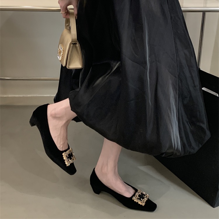 Women's Square Toe Chunky Heel Shoes - Shallow Mouth High Heel Suede Rhinestone Buckle Work Commuter Shoes - Image 2