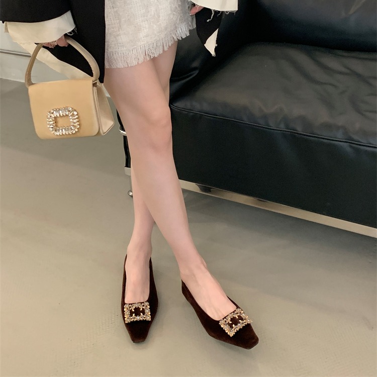 Women's Square Toe Chunky Heel Shoes - Shallow Mouth High Heel Suede Rhinestone Buckle Work Commuter Shoes - Image 3