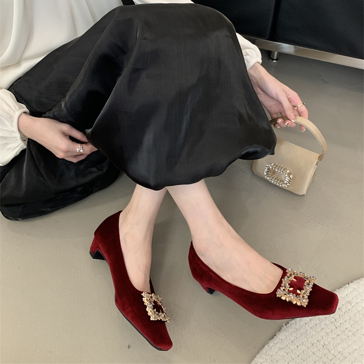 Women's Square Toe Chunky Heel Shoes - Shallow Mouth High Heel Suede Rhinestone Buckle Work Commuter Shoes - Image 4