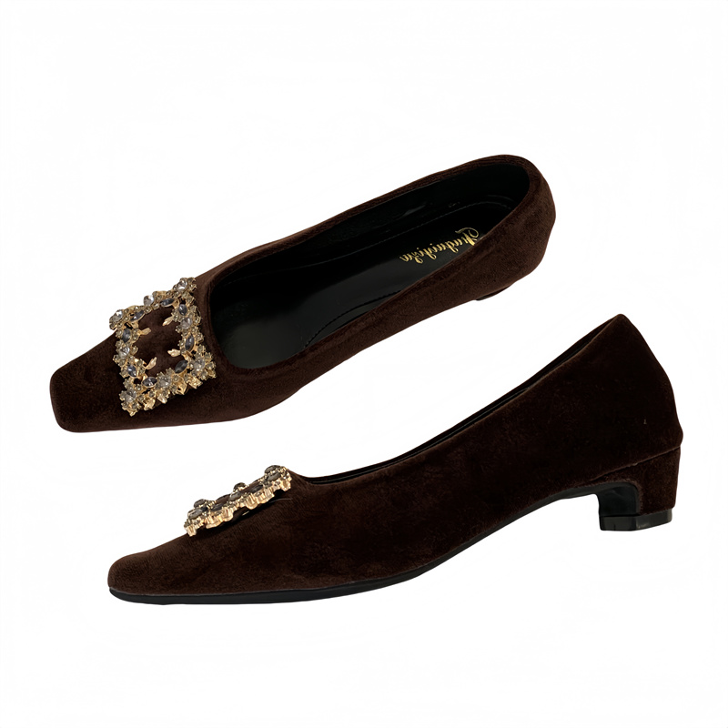 Women's Square Toe Chunky Heel Shoes - Shallow Mouth High Heel Suede Rhinestone Buckle Work Commuter Shoes - Image 5